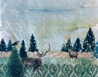 3 Decoupage Holiday Napkins Winter Deer Blue Sky, 13" x 13" unfolded