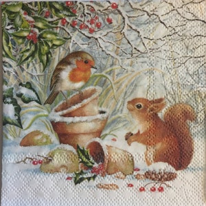 3 serviettes pour découpage, Écureuil hivernal avec rouge-gorge, 33 x 33 cm non plié