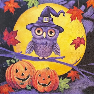 3 Decoupage Napkins, Happy Halloween Owl Witch Hat, 13&quot; x 13&quot; Unfolded