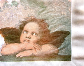 ヴィンテージ デコパージュ クリスマス ドリンク ナプキン 3 枚、ラファエル エンジェル ケルビム 1 枚、展開時 10 インチ x 10 インチ