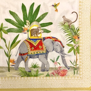 3 Decoupage-Servietten, Indien Elefant Affen 33 cm x 33 cm ungefaltet