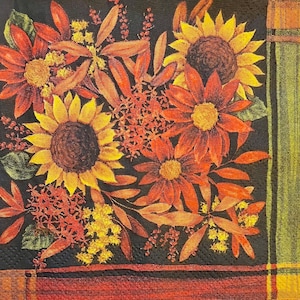 3 Decoupage Beverage Napkins, Autumn Floral Sunflowers 10&quot; x 10&quot; unfolded