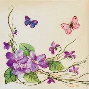 3 serwetki do decoupage'u, Vintage Violet Flowers Butterflies, 13" x 13" po rozłożeniu