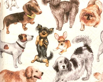 3 Decoupage Napkins, Beautiful Dog Breeds Friends, 13" x 13" Unfolded