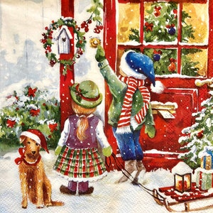 3 Decoupage Napkins, Christmas Tradition Children Dog Santa Hat 13&quot; x 13&quot; Unfolded