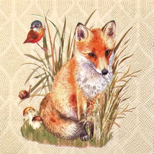 3 serviettes à découpage, renard avec oiseau, 13" x 13" dépliées