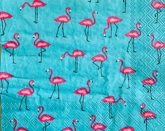 3 Decoupage Napkins, Pink Flamingos Blue, 13"x13" Unfolded