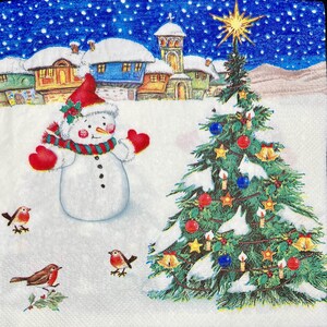 3 guardanapos decoupage, boneco de neve com árvore de natal 13" x 13" desdobrado