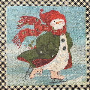 3 Decoupage Beverage Napkins, Vintage Snowman Ice Skating, 10&quot; x 10&quot; Unfolded