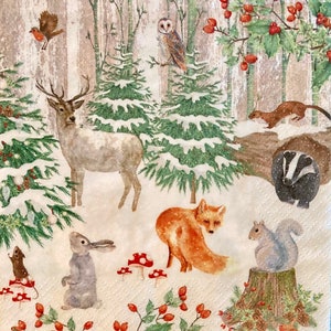 3 serviettes de découpage, faune hivernale dans la neige 13 » x 13 » déplié
