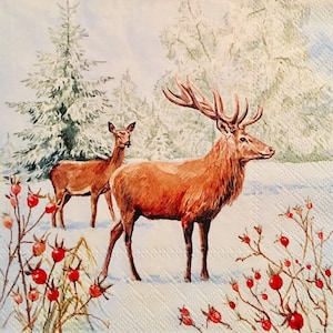 3 serviettes de découpage, cerf d’hiver dans la neige, 13 » x 13 » déplié
