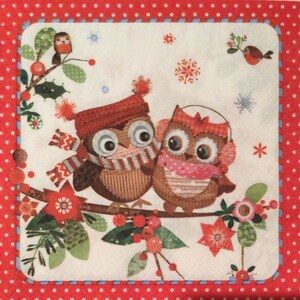 3 guardanapos de almoço decoupage, feliz natal duas corujas 13" x 13" desdobrado