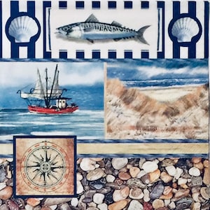 3 Servilletas de desacoplamiento, Conchas de barcos de peces de caballa de Ocean Beach, 13" x 13" Desplegado