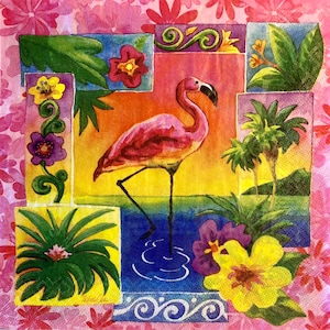 3 Decoupage Napkins, Tropical Pink Flamingo Floral, 13&quot;x13&quot; Unfolded