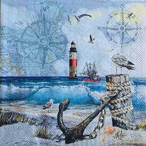 3 Decoupage Napkins, Lighthouse Anchor Nautical 13" x 13" Unfolded