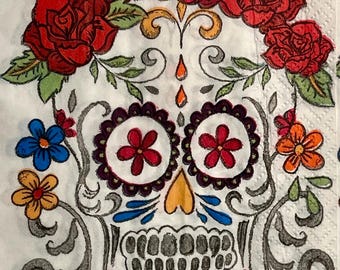 3 serviettes de table pour hôtesse - Día de los muertos, jour des morts, crânes colorés calavera, 40 x 40 cm déplié
