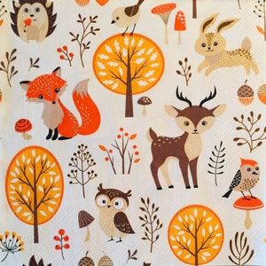 3 serviettes de table à découper, amis de la forêt d'automne, animaux de la forêt, 33 x 33 cm non plié