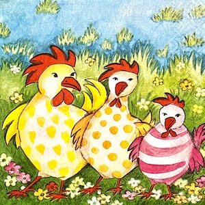 3 serviettes à découper vintage, poulets colorés rigolos, 33 x 33 cm dépliés
