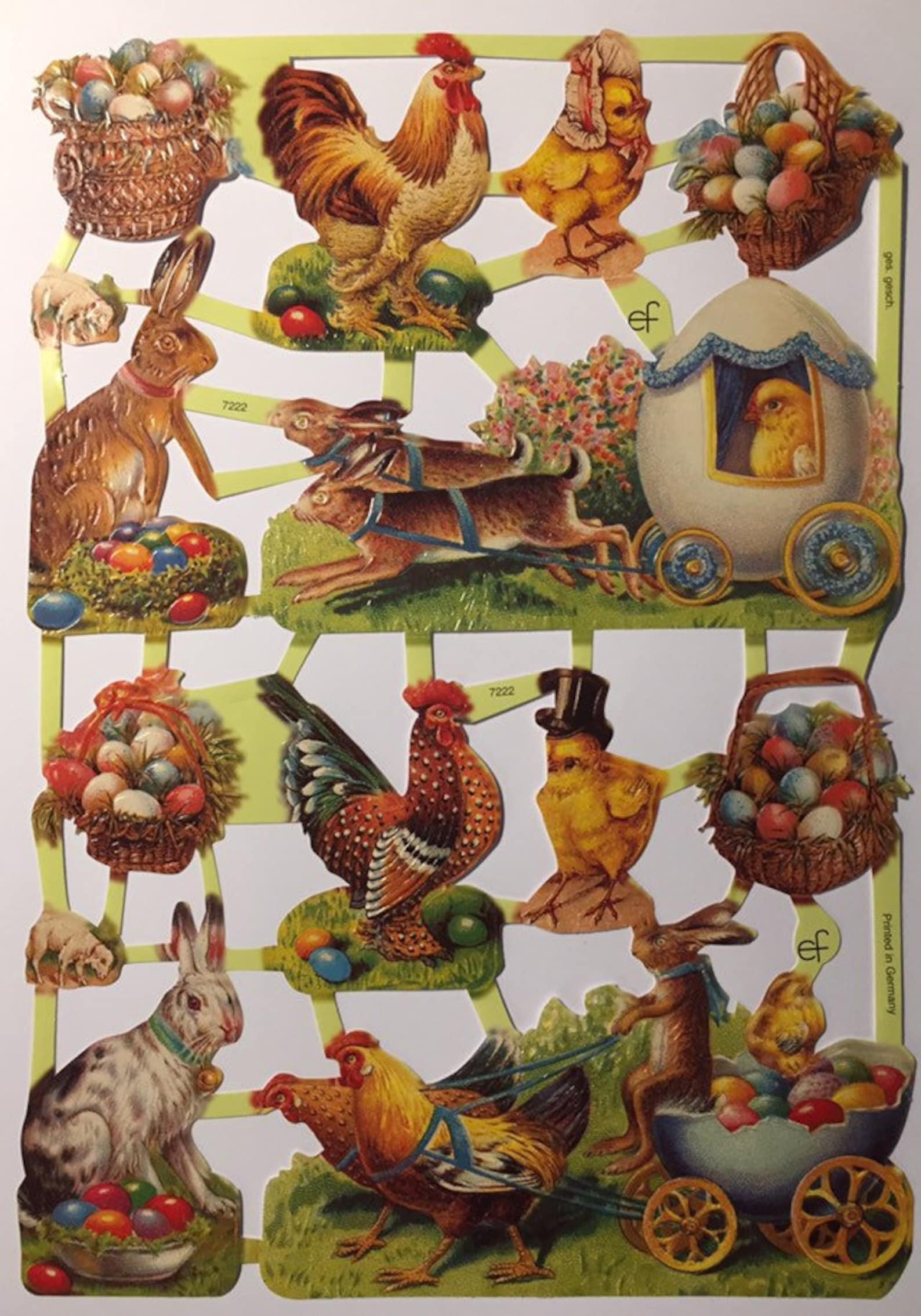 SCRAP RELIEFS Vintage Easter Glanzbilder (1 sheet) #7222 Embossed Die Cuts - Ernst Freihoff GmbH Made in Germany