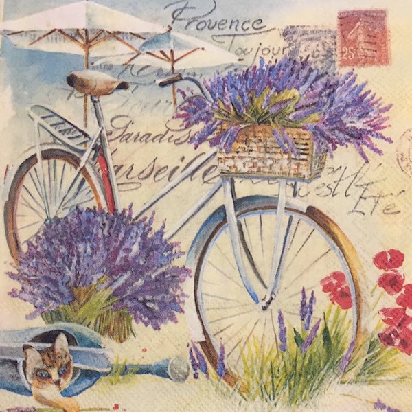 3 Decoupage Napkins, Bicycle Lavender Flower Basket Provence Toujour, 13" x 13" unfolded