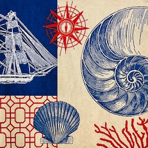 3 servilletas para decoupage - Barcos y conchas náuticas, 25 x 25 cm (desplegadas)