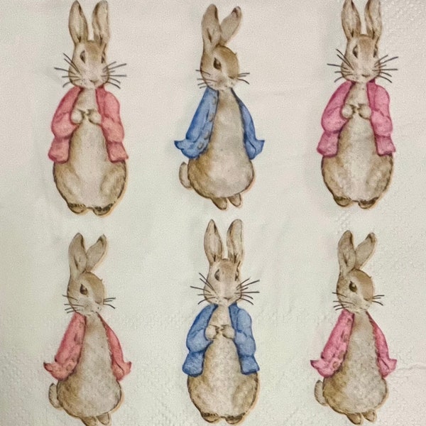 3 Decoupage Beverage Napkins, 24 Standing Rabbits Peter Rabbit Style, 10" x 10" Unfolded