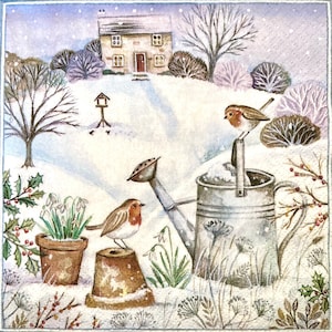 3 serviettes de découpage, arrosoir de jardinage Winter Robins, 13 » x 13 » déplié