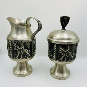 Vintage MCM Snorre Norway Norsk Viking Pewter Sugar Bowl and Creamer