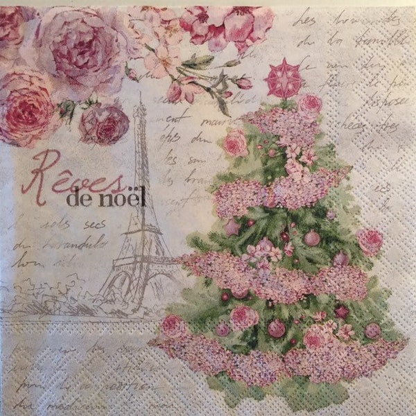 3 Decoupage Luncheon Napkins Paris Pink Garland Christmas Dreams Tree, 13" x 13" Unfolded