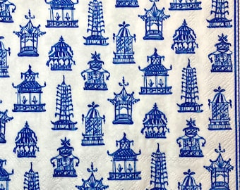 3 Decoupage Napkins, Small Blue White Pagodas, 13" x 13" unfolded