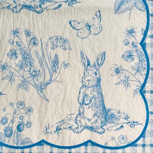 Könnte beinhalten: Weiße Papierserviette mit einer blauen Blumen- und Hasenillustration. Das Design zeigt einen stehenden Hasen, einen Schmetterling und verschiedene Blumen. Die Serviette hat einen gewellten Rand mit einem blau-weiß karierten Rand.