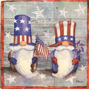 3 serviettes de boisson de découpage, Patriotic Gnomes USA Flag, 10 » x 10 » déplié