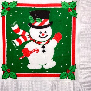 3 Vintage Decoupage Beverage Napkins, One Happy Snowman Candy Cane, 10" x 10" Unfolded