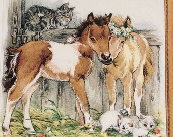 3 Decoupage Napkins, Foals Horses Kittens in Stable, 13" x 13" Unopened