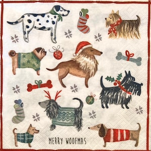 3 tovaglioli Decoupage, Merry Woofmas Christmas Dogs, 13 "x 13" spiegati