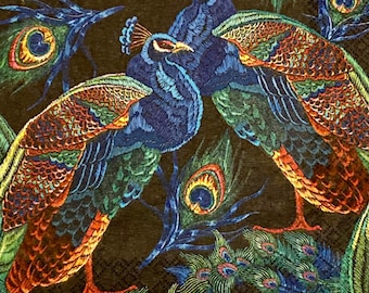 3 Decoupage Napkins - Embroidery Peacocks With Feathers, 13" x 13" Unfolded