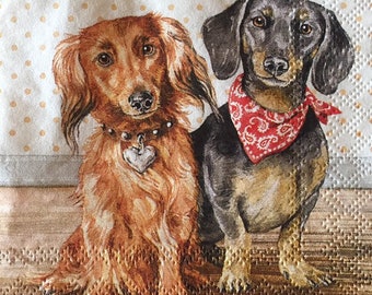 3 Decoupage Beverage Napkins, Dachshund Dogs Friends, 10" x 10" unfolded