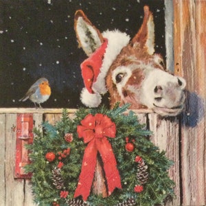 3 guardanapos de decupagem, burro de Natal com Robin, 13" x 13" desdobrados