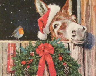 3 Decoupage Napkins, Christmas Donkey With Robin, 13" x 13" unfolded