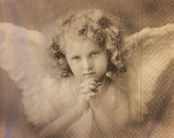 3 Decoupage Christmas Napkins, Sagen Vintage Winged Angel Pray Girl, 13" x 13" unfolded