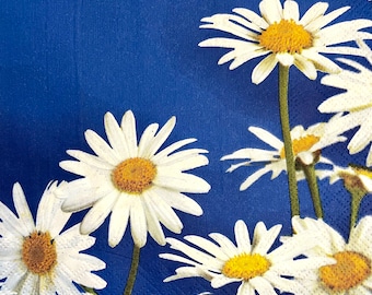 3 Decoupage Beverage Napkins, Daisies Dark Blue, 10" x 10" Unfolded