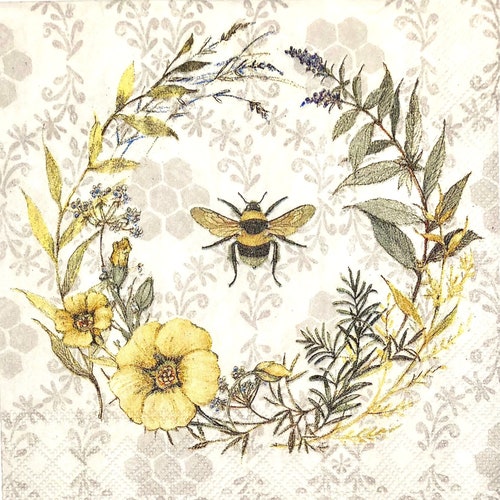 3 Decoupage Beverage Napkins Bee Wildflower Wreath 10 Etsy