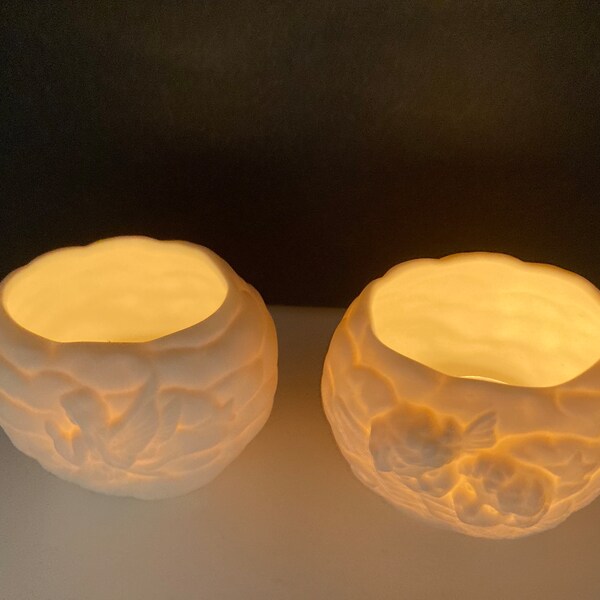 Pair of Boxed Vintage House of Lloyd Porcelain Clouds of Angels Votive Candle Holders, Made in Taiwan