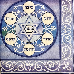 May include: A blue and white circular design with a Star of David in the centre. The words "Pesach", "Kiddush", "Yachatz", "Afikoman", "Matzah", "Maror", and "Charoset" are written in Hebrew around the star.
