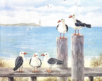 3 Decoupage Napkins, Seagulls on the Dock Seashore, 13” x 13” unfolded