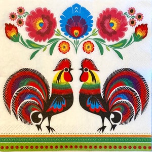 3 Decoupage Servietten, Polish Lowicz Folk Art Hahnen, 13" x 13" Unfolded