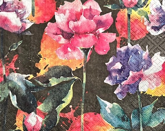 3 servilletas para decoupage, flores de jardín en acuarela, negras, 33 x 33 cm (desplegadas)