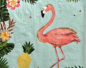 3 Decoupage Napkins, Pink Flamingo Tropical Leaves Pineapplee, 13"x13" Unfolded