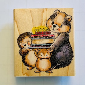Tampon en bois pour anniversaire Penny Black, Let's Do Cake, hérisson, ours et souris, 3 x 3 po x 3,25 po, 1997