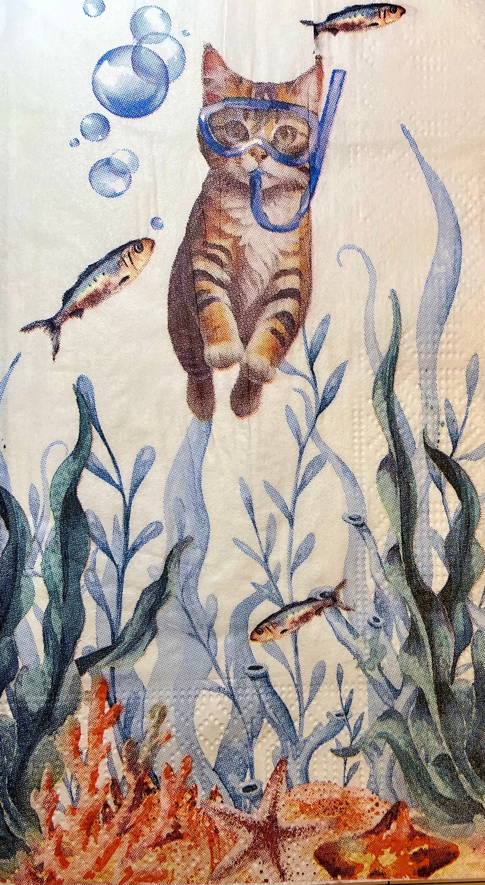 3 Decoupage Hostess Napkins, Tabby Cat Swimming Underwater Sea Seaweed Fish With Snorkel, 16" x13" unfolded